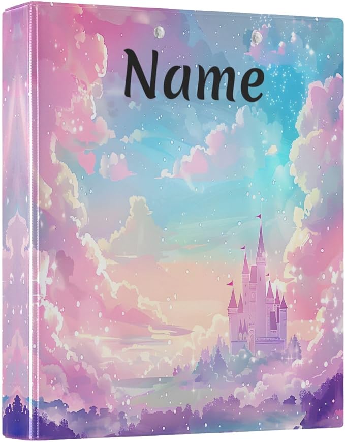 Custom 3 Ring Binder Princess Castle Pink Sky 1.5" Round Ring Binders Personalized Name View Binder with 200 Sheet for Women Men Office Kids School Supplies, 1 Pack