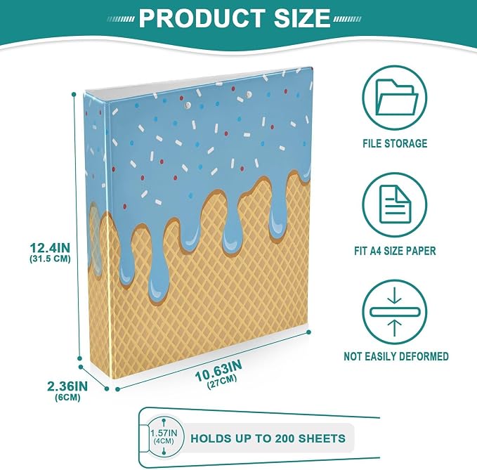 3 Ring Binder Blue Ice Cream 1.5 inch Binders Three Ring Binders with Clipboard Fit 8.5'' x 11'' Paper 3 Interior PVC Clear Pockets for Office Supplies