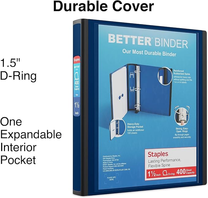 Staples Better Binder, 1.5 Inch D-Ring, Navy Blue, 400 Sheets, 3-Pk | Reinforced spine for long-lasting school and office organization.