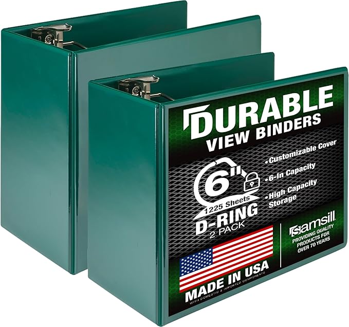 Samsill Durable 6 inch 3 Ring Binder, Locking D Ring Binder, Customizable Clear View Cover, Green, 2-Pack, Holds 1225 Pages