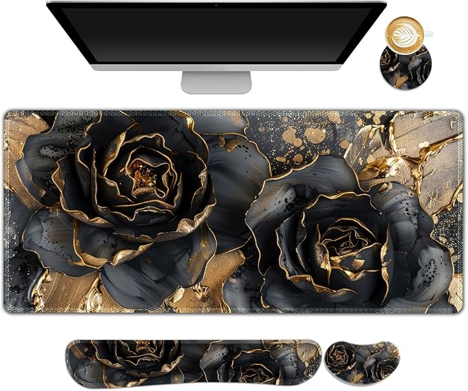 Desk Mat Pad, Gaming Mouse Pad Wrist Support Set, 4 in1 Non-Slip XXL Large Mousepad + Ergonomic Keyboard Wrist Rest+Mouse Wrist Rest+Coaster for Home Office PC Computer I Black Gold Floral