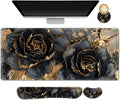 Desk Mat Pad, Gaming Mouse Pad Wrist Support Set, 4 in1 Non-Slip XXL Large Mousepad + Ergonomic Keyboard Wrist Rest+Mouse Wrist Rest+Coaster for Home Office PC Computer I Black Gold Floral