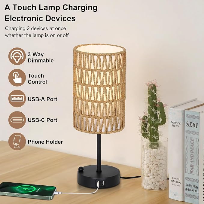 Touch Table Lamp Set of 2 For Bedroom with Bulb, Boho Small Desk Lamp For Living Room With Rattan & Linen Shade, 3 Way Dimmable Bedside Table Lamp For Nightstand With USB Charging Port & Phone Stand