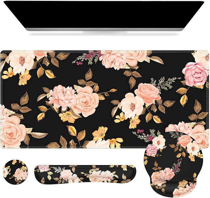 iCasso Floral 4in1 Computer Mat, 35.4"x15.7" Work Mat for Computer | Retro Ergonomic Desk Pad Including Keyboard Wrist Rest, Mousepad Set for Teacher Cubicle Office Computer Setup
