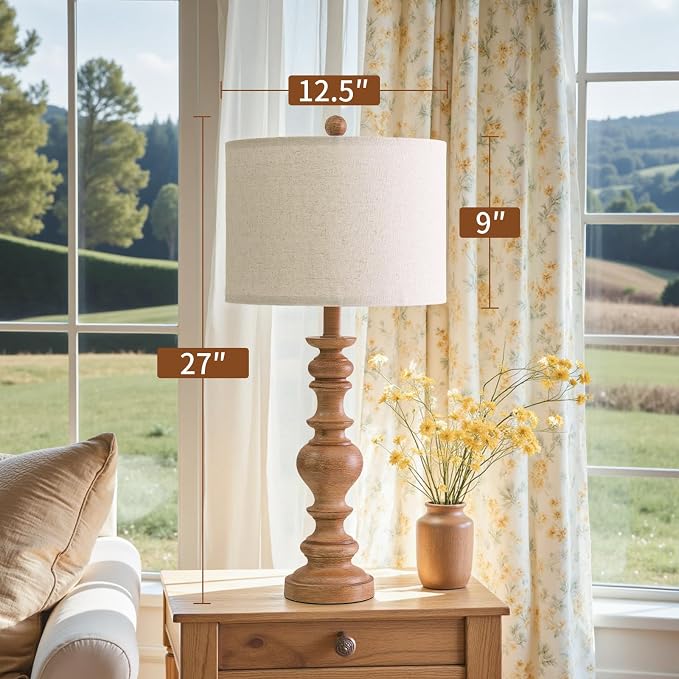BOBOMOMO 27" Light Brown Table Lamps Set of 2, Large Farmhouse Resin Lamps with Linen Shades, Rustic Vintage Lamps for Living Room, Bedroom, Console Table or Entryway Home Lighting