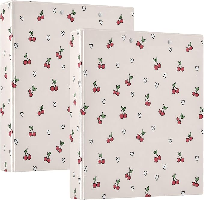 Cute Cherry Heart Pattern 3 Ring Binder 1.5 Inch 2 Pack with 200 Sheet for Kids School Supplies Women Men Office