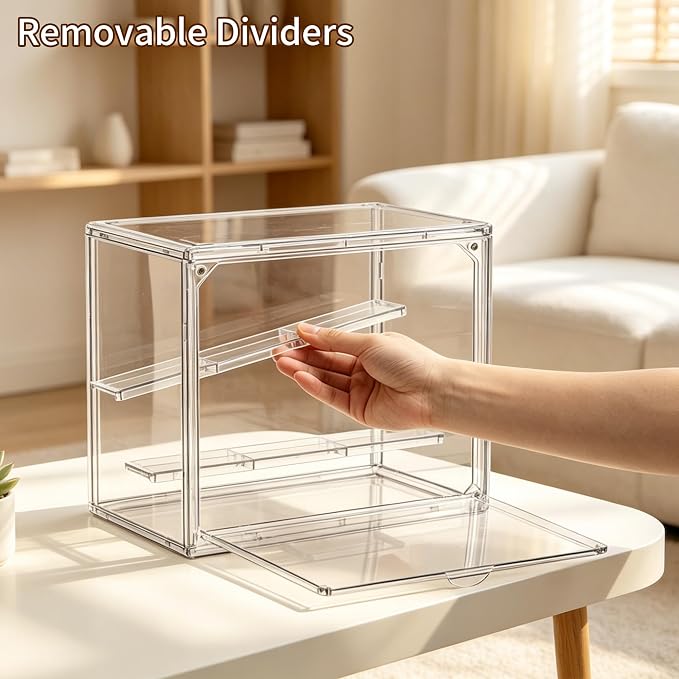 Acrylic Display Case for Collectibles, 3 Tier Figure Display Box 2 Pack | Clear Stackable Display Stand with Magnetic Door, 2 Movable Plates, Small Easy Assembly Showcase for Mini Action Figures