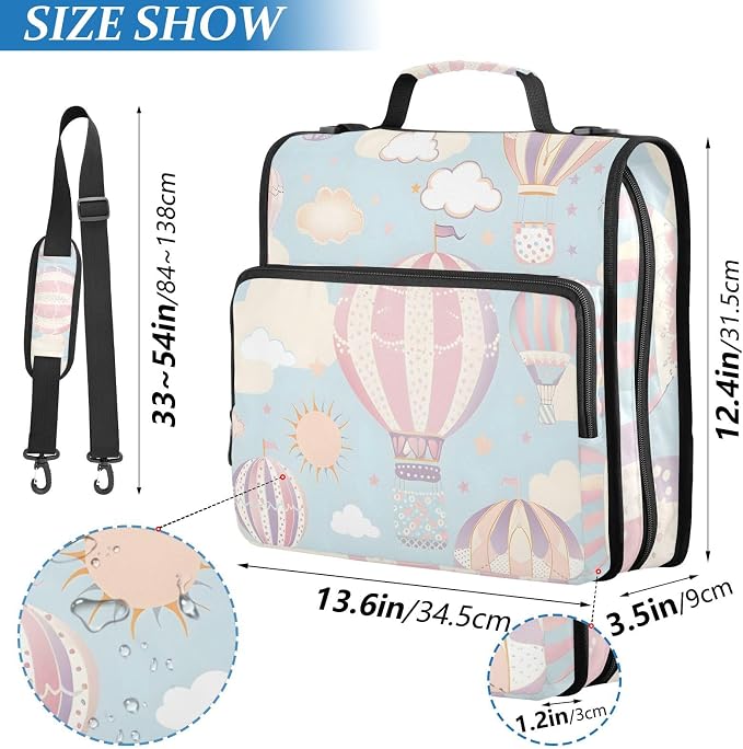 Hot Air Balloon Zipper Binder Bag 3 Ring Binder with Shoulder Strap Zip Up 500 Sheets Capacity Multi Pockets for School Office Supplies