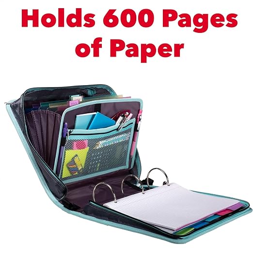 Case-it Mighty Zip Tab School Binder w/ 3-Inch O-Rings - 600-Sheet Capacity, 5-Subject Expanding File, Multiple Storage Pockets & Shoulder Strap, D-146 Light Blue Daisy (Pack of 6)
