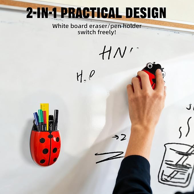 Magnetic Pen Holder for Fridge Whiteboard, 2-in-1 Magnetic Marker Holder Dry Erase Marker Whiteboard Eraser, Cute Ladybug Pencil Cup Desk Organizer for Classroom Office School Home (1-Pack)