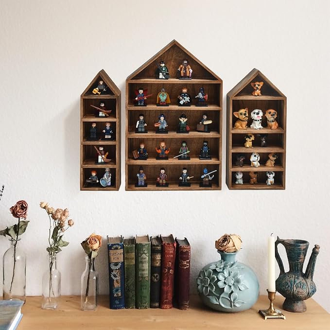 Ikee Design 3-Pc House-Shaped Wooden Shadow Box Shelf, Brown | Set of 3 wood shadow box shelves displays collectibles and accessories in grouped or separate wall arrangements.