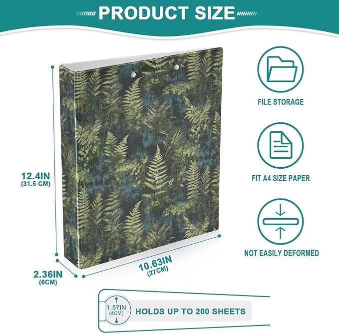 Vintage Green Ferns Binder 1.5 Inch Binder with Clipboard&Pockets, Plant Leaves Hardcover Binders 3 Ring, Heavy Duty Large File Folder for Office School Supplies - Holds 200 Sheets