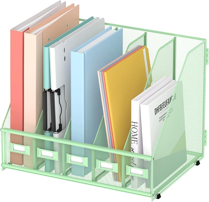 Desk Organizers Metal Desk Magazine File Holder with 5 Vertical Compartments Rack File Organizer for Office Desktop, Classroom, Home Workspace, Green