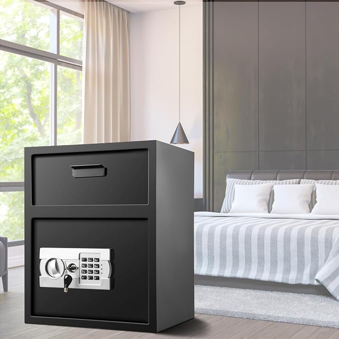 VEVOR Digital Depository Safe 1.7 Cubic Feet with Deposit Slot Black | for Home Hotel Restaurant Office Electronic Code Lock with Two Emergency Keys Pry-Proof Locking Bolts Two independent Spaces