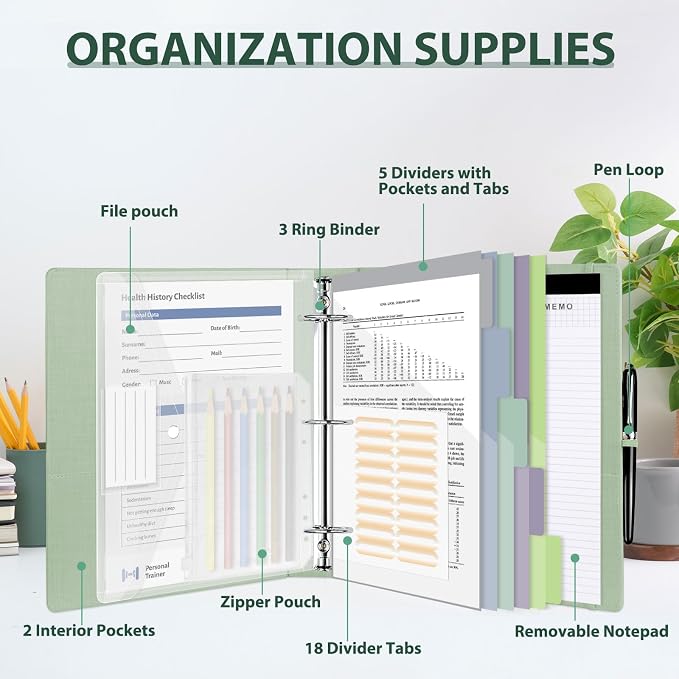 3 Ring Binder with Clipboard,2 Inch Binders with Notepad&5 Dividers with Pockets, Labels,PU Clipboards for School Office(Green Tulip,Letter Size)