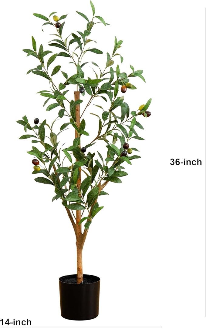 Nearly Natural 3 ft Artificial Olive Tree with Natural Trunk for Decor | Lifelike Fruits and Branches, Maintenance-Free, Nursery Planter Included, Mediterranean Style for Home and Office Decor