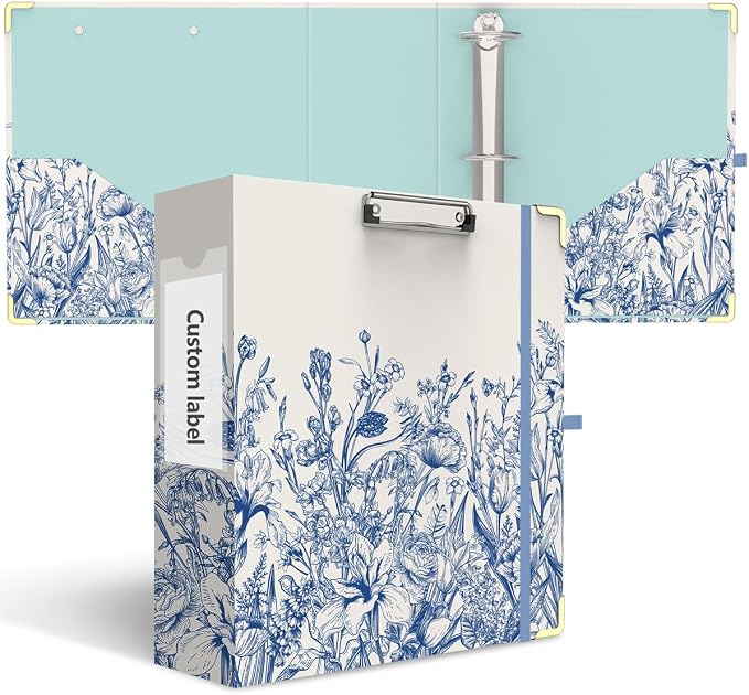 3 Ring Binder 3 Inch, Cute Hardcover Low Profile Clipboard with Storage, 3'' Round Ring Binders for Letter Size Paper, Durable Binder Organizer for School Office Supplies(Vintage Blue Florals)