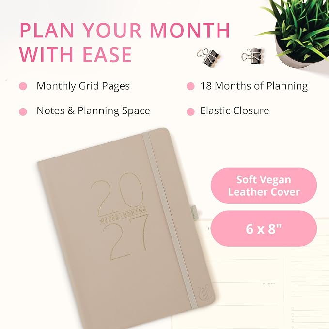 Graphique Apollo Grey 18 Month Planner, July 2026 – Dec. 2027, Hardbound Vegan Leather Planner with Monthly Tabs, Holidays & Reminder Stickers, 8” x 10”