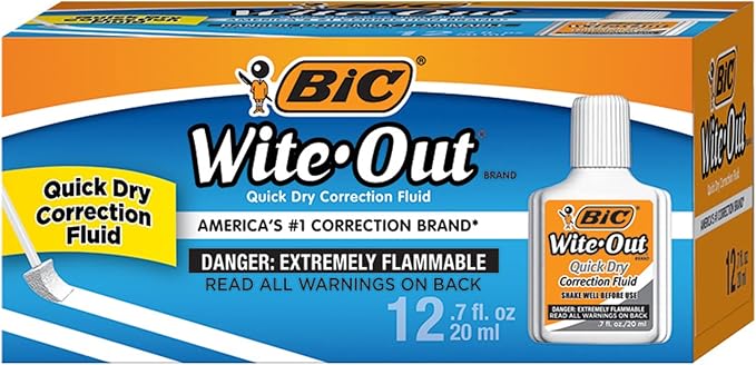 BIC Wite-Out Brand Quick Dry Correction Fluid, 20 ml, White, 12-Count