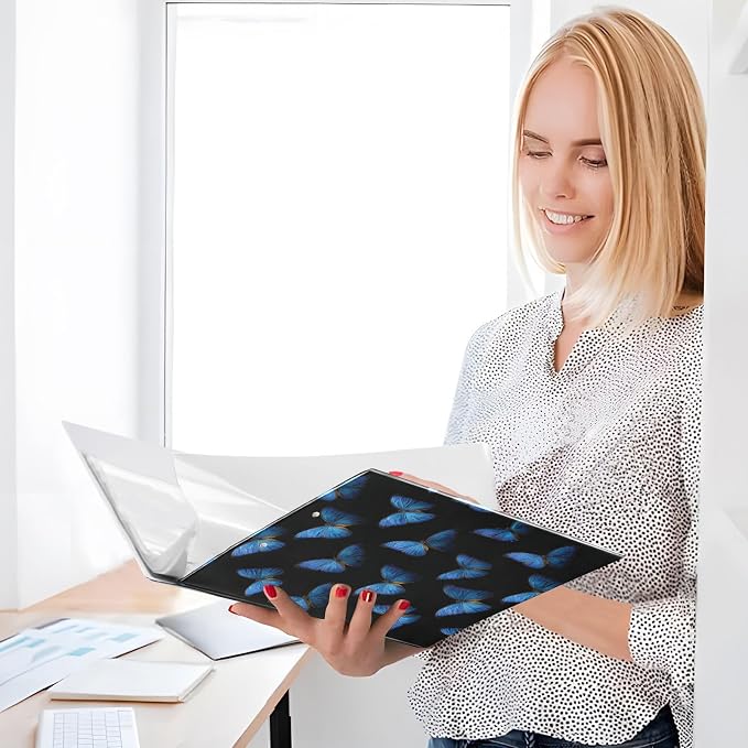 Black and Blue Butterflies Binder 3 Ring 1.5 Inch Binder with Clipboard&Pockets, Hardcover Binders Heavy Duty Large File Folder for Office School Supplies - Holds 200 Sheets, 2 PC