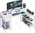 Alpen Gaming Desk, 47 Inch L Shaped Desk with LED Lights, Charging Ports, Corner Desk Reversible Gaming Computer Desk with Shelves Drawer Monitor Stand for Home Office,White
