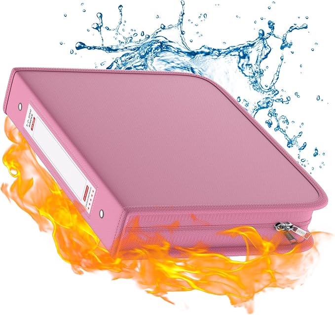 Fireproof 3 Ring Binder with Zipper, 1.5" D Rings Holds 375 Sheets | Fits Letter Size,Compatible with Clear Page Protectors,Built-in Net Pouch Pen Holder,Portable Safe Storage,1 Pack,Pink