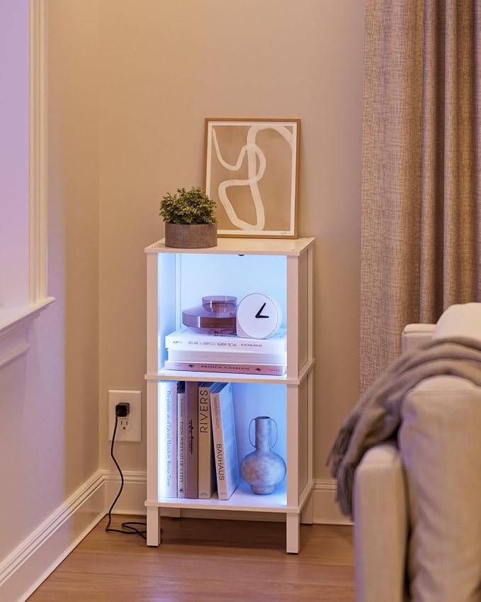 Bookshelf with LED Lights, Modern 2-Tier Bookcase, Open Storage Book Shelf, 11 × 14.2 × 27.4 Inches, Small Narrow Bookshelves for Living Room, Home Office, Bedroom, White