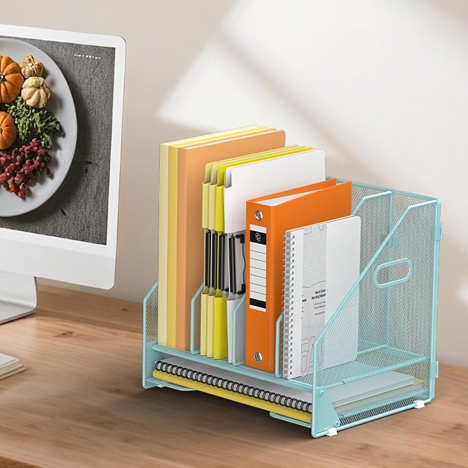 Docnest Mesh Desk File Organizer, 4 Vertical Compartment Box Sorter, Blue | Features 3 removable middle dividers for custom spacing and a bottom letter tray to hold paper, mail, and documents