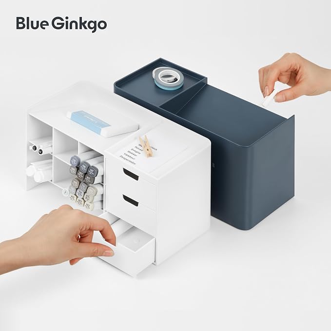 Blue Ginkgo Stackable Desk & Pen Organizer, Blue, Made in Korea | Multi-Compartment. 3 Drawers. Easy Access.