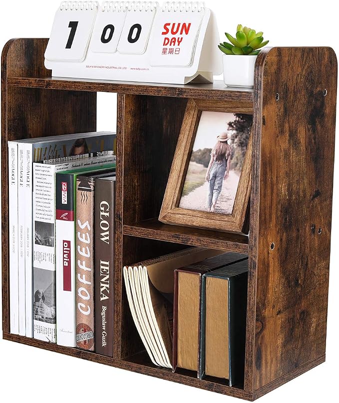 Desktop Shelf Freestanding Wood Small Bookshelf Desk Supplies Organizers and Accessories Storage Display Rack Office Decor for Women, Antique Brown