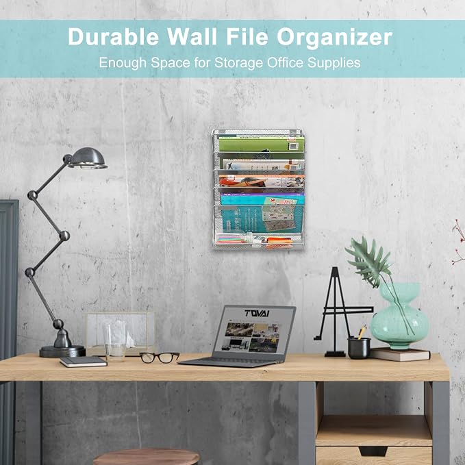 EasyPAG 5 Tier Wall File Holder, Mesh Hanging Folder Organizer with Classify Label, Versatile Desk File Holder, Vertical Wall Mounted Mail Organizer for Office Home Cubicle, Silver
