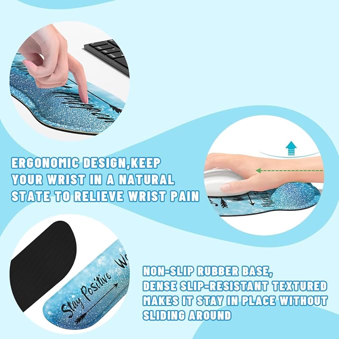 Motivational Quote Mouse Pad Set Stay Positive Work Hard Blue Gaming Mousepad 4in1 Desk Mat for Desktop Anti-Slip XXL Big Computer Ergonomic Mousepad with Wrist Support for Keyboard and Mouse