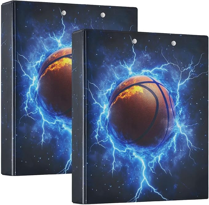 3 Ring Binders Lightning Basketball 1.5 Inch Round Ring Binders with Pockets Decorative Clipboard Binder Holds 200 Sheets View Binder for Home School Office,2 Pack