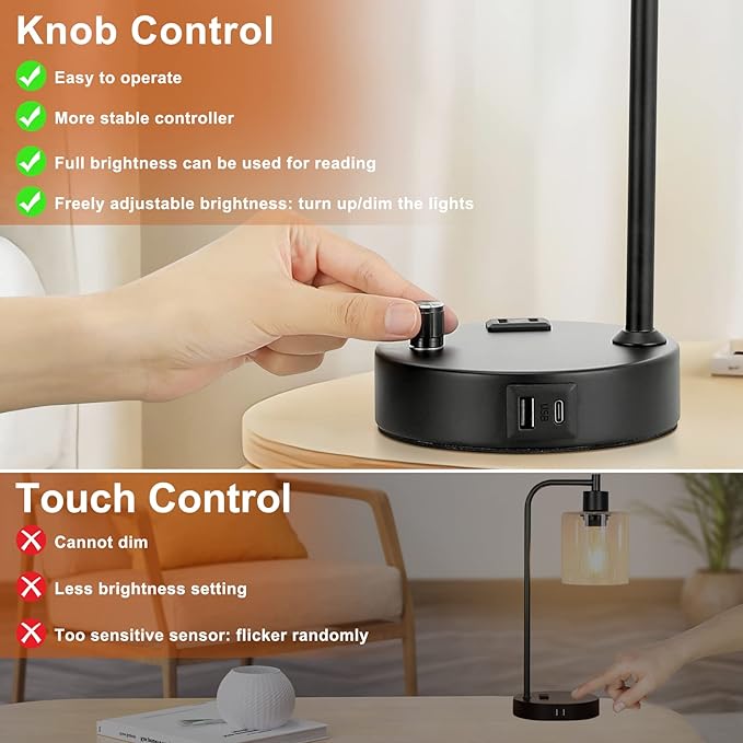 Industrial Bedside Lamps for Nightstand Set of 2 - Fully Dimmable Bedroom Lamps with USB A C Ports and Outlet, Black Table Lamps with Amber Glass Shade for Living Room, Desk Lamps for Office Reading
