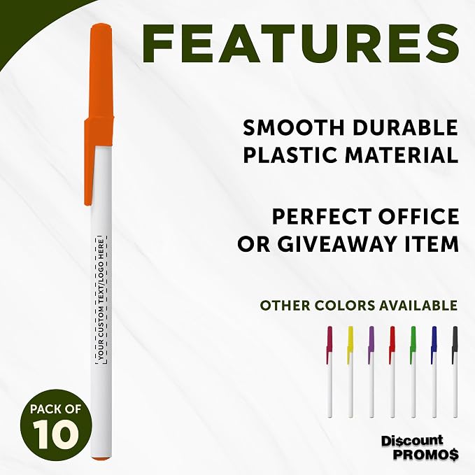 DISCOUNT PROMOS Custom Value Stick Pens Set of 10, Personalized Bulk Pack - Blue Ink, Great for Office, School, Business, Tradeshows, Events - Orange Cap