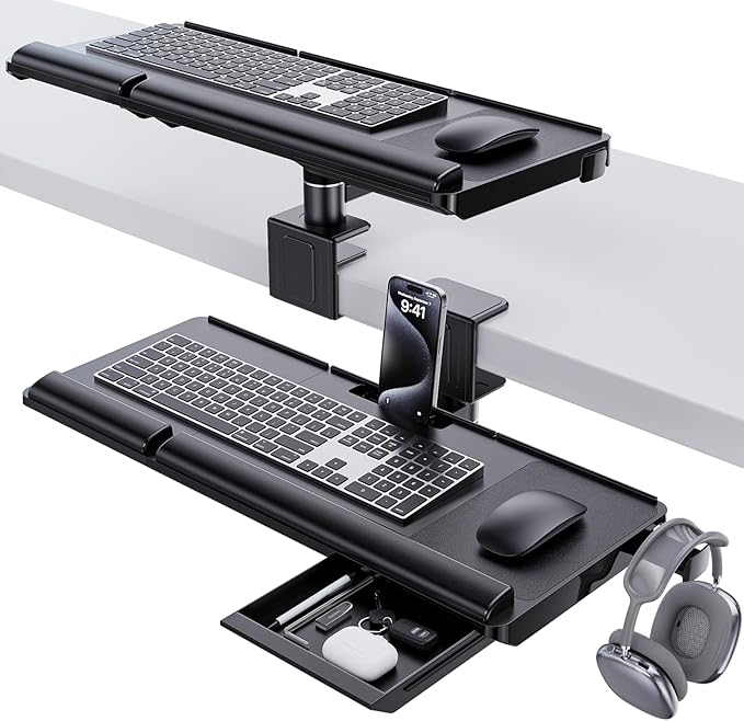 Klearlook Upgraded Adjustable Keyboard Tray for Above Desk & Under Desk Use | 24.4"×10" Platform with 360° Rotation & 180° Tilt, Wrist Rest & Storage Drawer, Phone Slot & Headphone Hanger & Mouse Pad