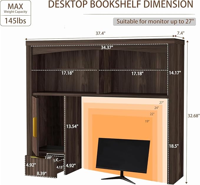Desktop Shelf, Wooden Desk Hutch with Storage, Desktop Bookshelf | with Cabinet and Drawer, Office Desk Organizer, Space-Saving Organization, Over Desk Storage Shelves for Home, Dorm, Walnut