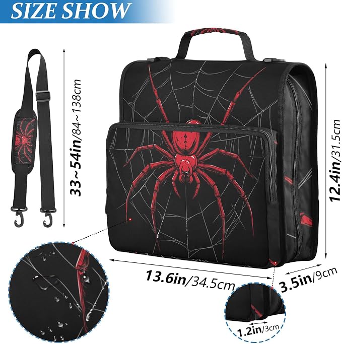 MNSRUU 3 Ring Binder Bag, 2 Inch D-Rings Easily Organizes 1 Inch Fits Letter Sized Paper, Red Spider on A Web Large 3 Hole Zipper Binder Organizer for School Office Supplies