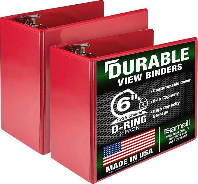 Samsill Durable 6 inch 3 Ring Binder, Locking D Ring Binder, Customizable Clear View Cover, Red, 2-Pack, Holds 1225 Pages