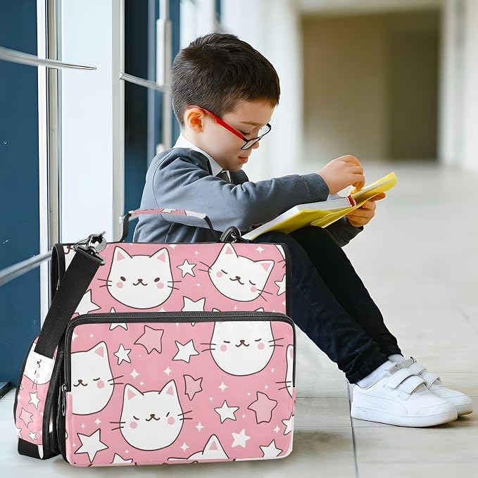 3 Ring Zipper Binder with Shoulder Strap Cat Star Pink 2 Inch Zippered Binder Bag 500 Sheet Capacity Multi Pockets for School Supplies