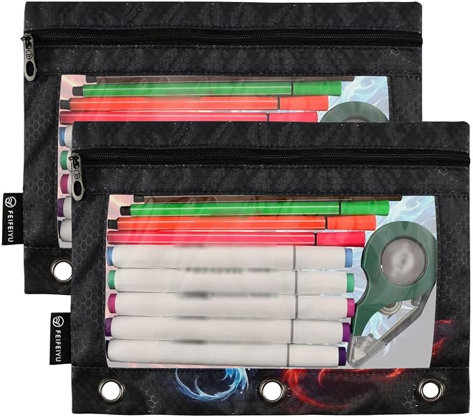 Custom Dragon Phoenix Pencil Pouch for 3 Ring Binder, 2 Pack Personalized Name Waterproof Pencil Bags Clear Window Pencil Case School Office Supplies
