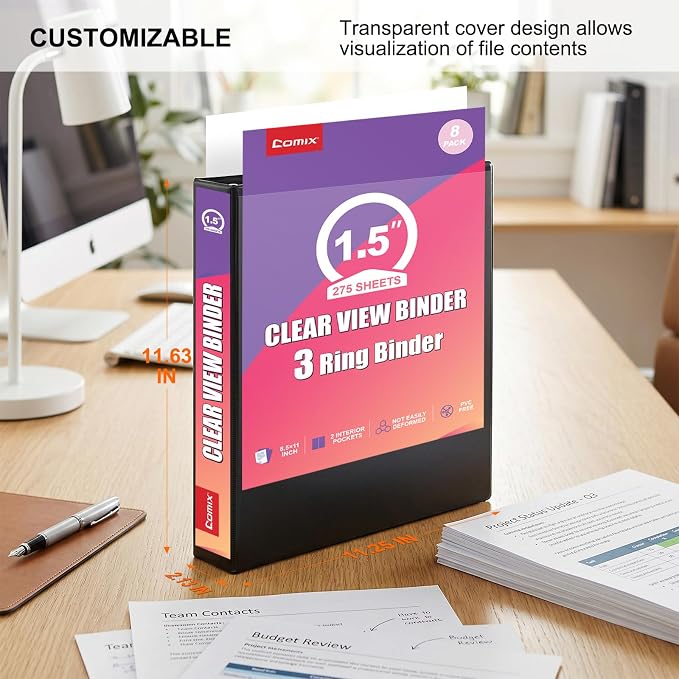 Customizable Round Ring Binder, 1.5 Inch 3 Ring Binder, Minimalist PVC-Free Binder with Clear View Cover, Lay-Flat Design for Structured Document Organization at Home, School & Office