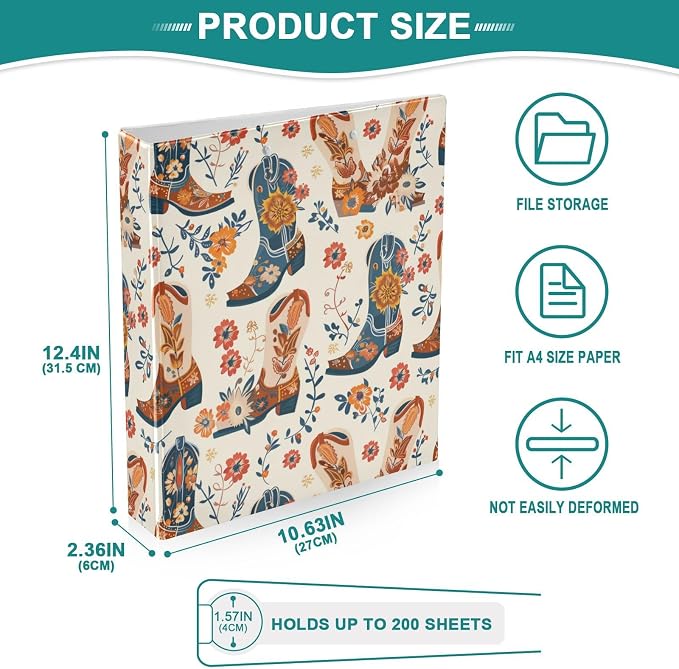 Retro Cowgirl Boots 3 Ring Binder, 1.5 Inch Round Ring Binders Clipboard Work Binders Organizer with Pockets Holds 200 Sheets for School Office 1 Pack