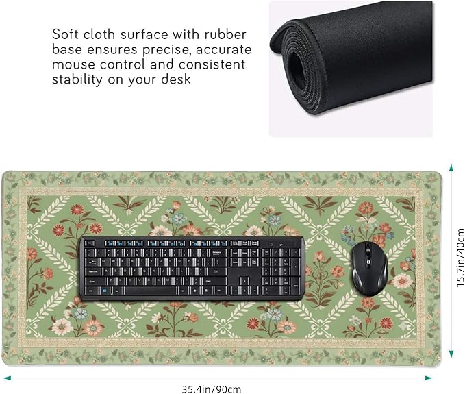 XXL Large Floral Mouse Pad - Sage Green Flower Desk Mat with Stitched Edges & Anti-Slip Base, Computer Keyboard Mat for Office & Home, Desk Decor for Women