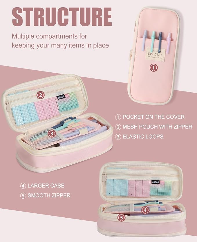 39PCS Aesthetic School Supplies with Cute Pencil Case, 5X Ballpoint Pens with Stylus Tip, 12X Pastel Highlighters, 6X Mechanical Pencil Set 0.5&0.7mm, Suit for Preppy School College Essentials (pink)