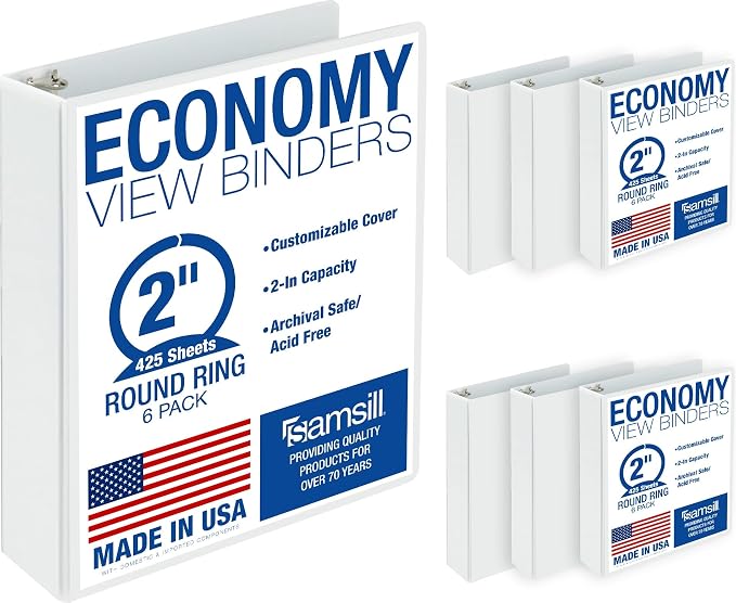 Samsill 2 Inch 3 Ring Binders, Economy Round Ring, Clear View Cover, 425 Sheet Capacity - for School, Home, Office - White, 6 Pack
