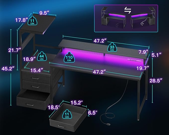 AODK 63 inch Gaming Desk with PC Display Stand, Reversible Steel Wood Computer Desk for Gaming Setup, Tiered Design to Show Off Your PC Tower & Accessories, Black