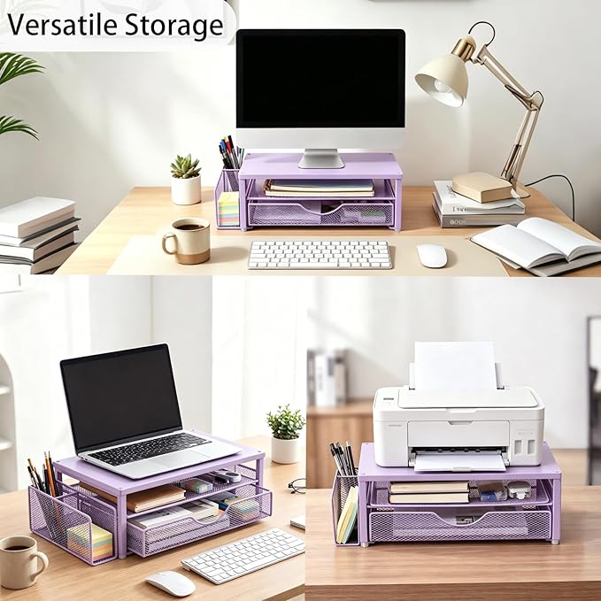Spacrea Desk Organizer and Accessories, Computer Monitor Stand Riser with Drawer and 1 Open Pen Holder, Printer & Laptop Stand, Office Desk Accessories for Home Office Supplies (Purple)