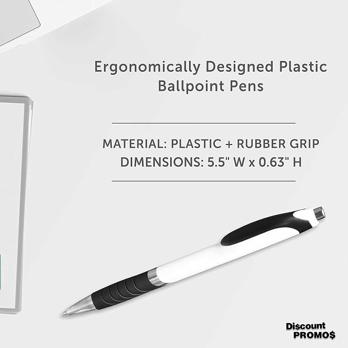 DISCOUNT PROMOS Ballpoint Pens With Rubber Grip - 10 pack - Black Ink Ball Point Pen with Soft Touch Plastic - White