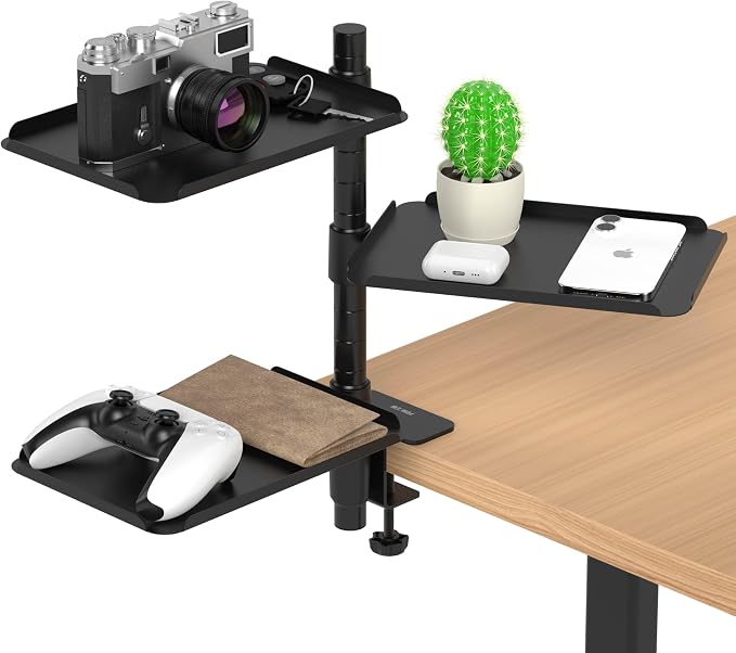 3 Tier Metal Clamp On Desk Shelf - 360° Rotatable Above/Under Table Storage, Adjustable Desktop Organizer for Home Office & Gaming, Storage Tray for Devices & Accessories